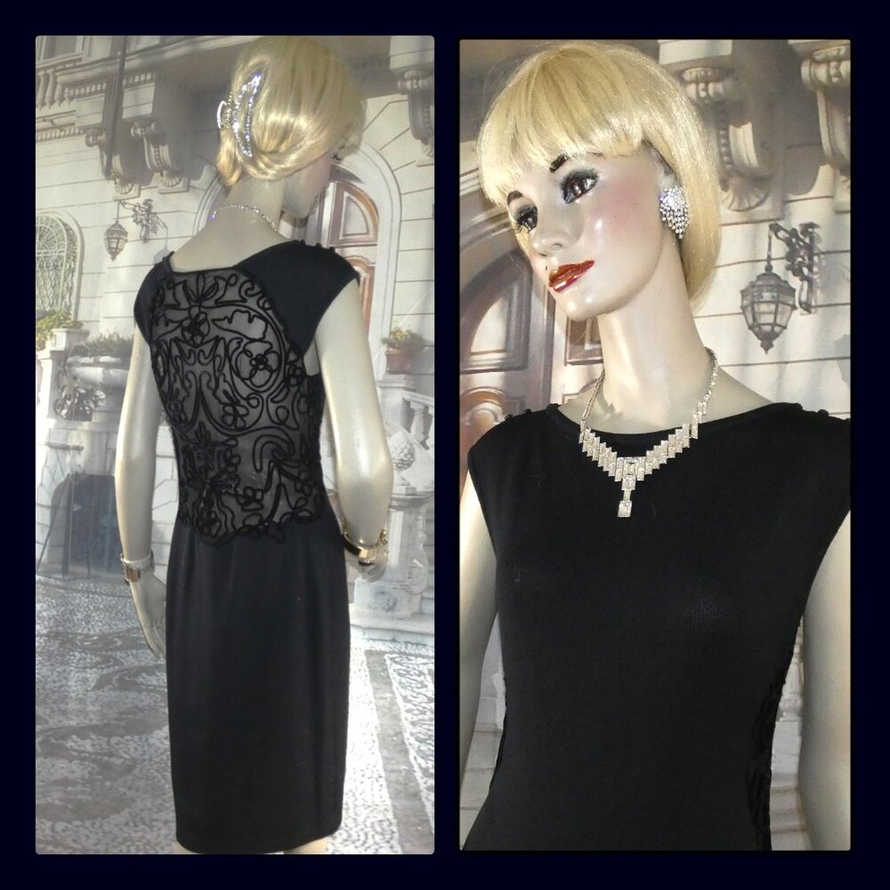 St. John Evening Dress Cocktail Dressy Size 6 Dark Blue Bodice Back Embroidered